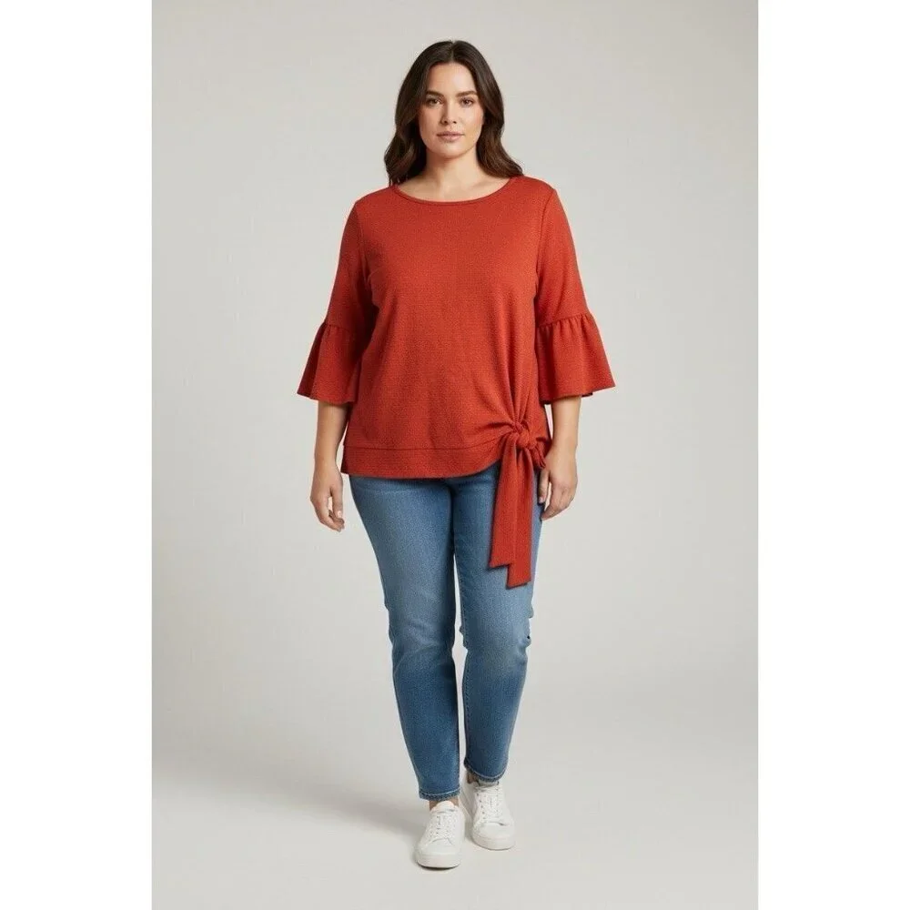MICHAEL Michael Kors Womens 2X Rust Textured Bell Sleeve Side Tie Blouse Top